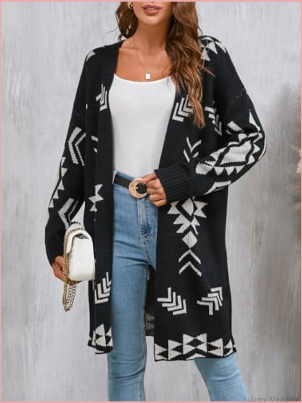 Womens Oversized Long Cardigan Open Front Fall Trendy Geometric Jacquard Knit - Picture 2 of 7